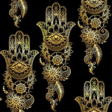 Seamless pattern with ornate hand drawn hamsa. Stock Illustration