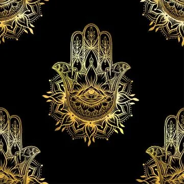 Seamless pattern with ornate hand drawn hamsa. Stock Illustration