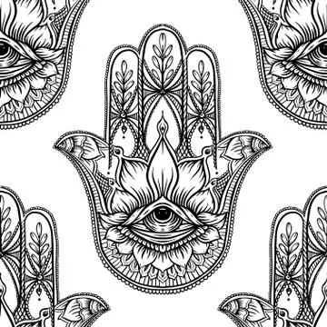 Seamless pattern with ornate hand drawn hamsa. Illustrazione stock