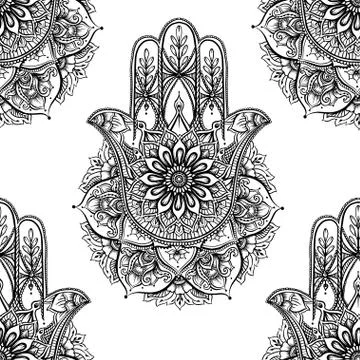 Seamless pattern with ornate hand drawn hamsa. Stock Illustration