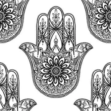 Seamless pattern with ornate hand drawn hamsa. Stock Illustration