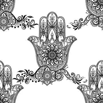 Seamless pattern with ornate hand drawn hamsa. Illustrazione stock