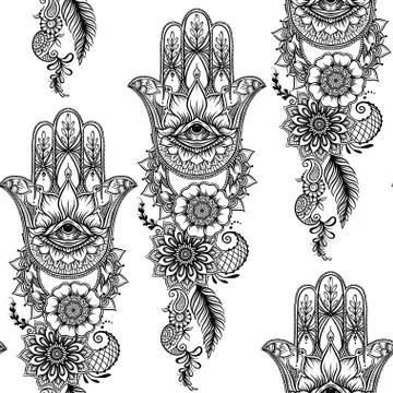 Seamless pattern with ornate hand drawn hamsa. Stock Illustration