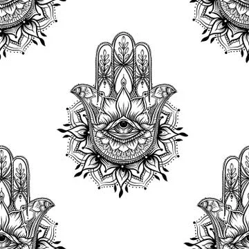 Seamless pattern with ornate hand drawn hamsa. Stock Illustration