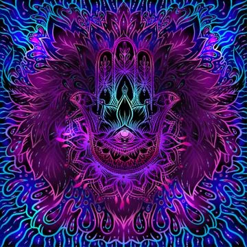 Seamless pattern with ornate hand drawn hamsa. Stock Illustration
