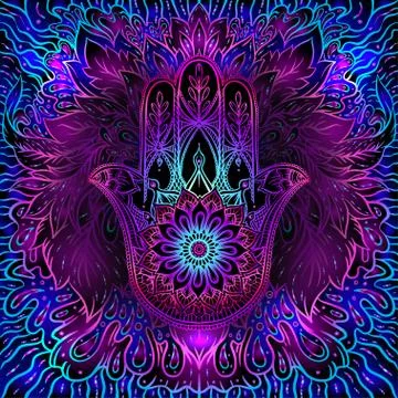 Seamless pattern with ornate hand drawn hamsa. Stock Illustration
