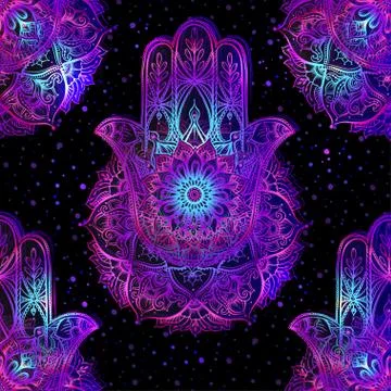 Seamless pattern with ornate hand drawn hamsa. Illustrazione stock