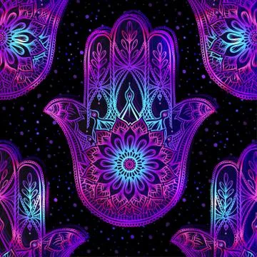Seamless pattern with ornate hand drawn hamsa. Illustrazione stock