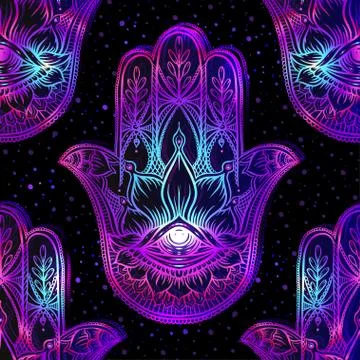 Seamless pattern with ornate hand drawn hamsa. Stock Illustration
