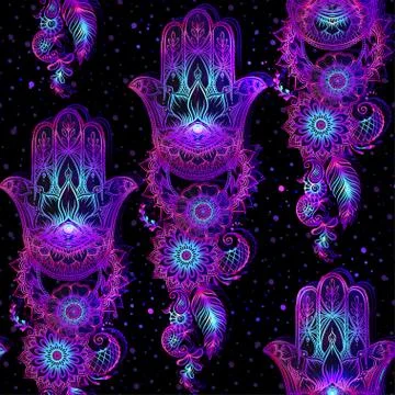 Seamless pattern with ornate hand drawn hamsa. Illustrazione stock