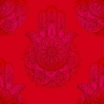 Seamless pattern with ornate hand drawn hamsa. Stock Illustration