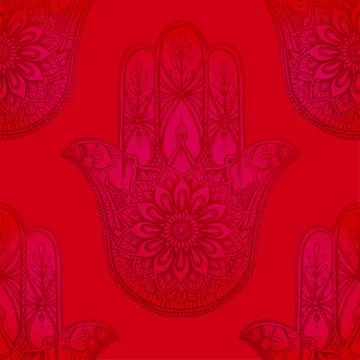 Seamless pattern with ornate hand drawn hamsa. Illustrazione stock