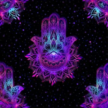 Seamless pattern with ornate hand drawn hamsa. Stock Illustration