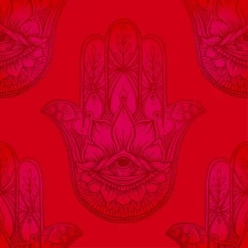 Seamless pattern with ornate hand drawn hamsa. Stock Illustration