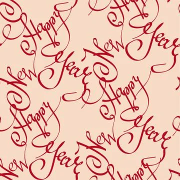 Seamless pattern with ornate lettering calligraphy phrase Happy New Year, Stock Illustration