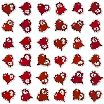 Seamless pattern with ornate red hearts and skulls Stock Illustration