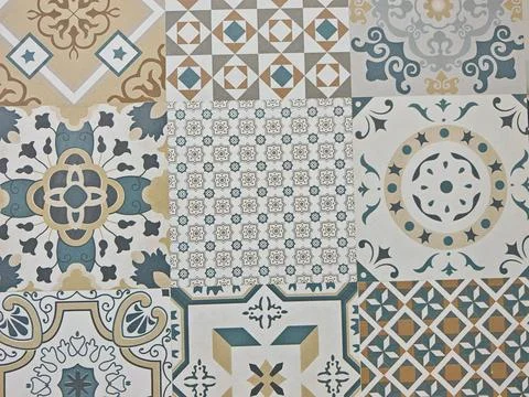 Seamless Pattern of Ornate Vintage Ceramic Tiles Background Stock Photos