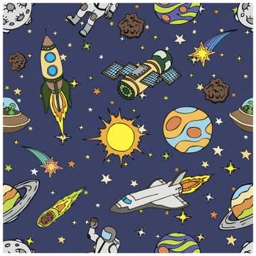 Seamless pattern with outer space doodles, symbols and design elements. Cartoon 스톡 일러스트