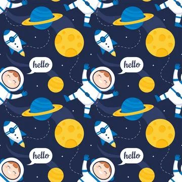 Seamless Pattern of Outer Space Exploration with Floating Rocket and Planet.. イラスト素材