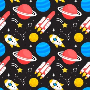 Seamless Pattern of Outer Space Exploration with Floating Rocket and Planet.. Stock Illustration