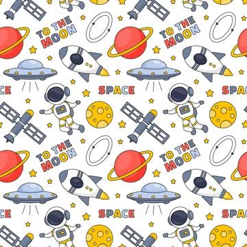 Seamless Pattern of Outer Space Exploration with Floating Rocket and Planet.. Stock Illustration