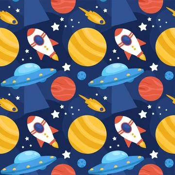 Seamless Pattern of Outer Space Exploration with Floating Rocket and Planet.. Illustrazione stock