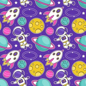 Seamless Pattern of Outer Space Exploration with Floating Rocket and Planet.. Stock Illustration