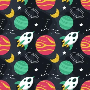 Seamless Pattern of Outer Space Exploration with Floating Rocket and Planet.. Illustrazione stock