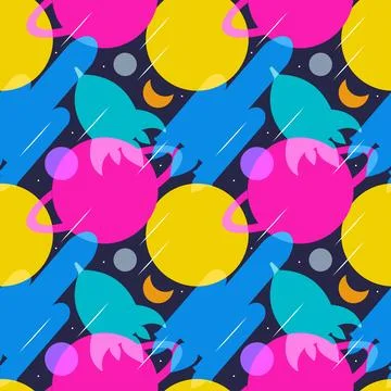 Seamless Pattern of Outer Space Exploration with Floating Rocket and Planet.. Stock Illustration
