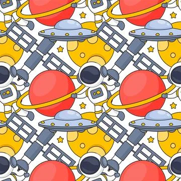 Seamless Pattern of Outer Space Exploration with Floating Rocket and Planet.. Stock Illustration