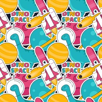 Seamless Pattern of Outer Space Exploration with Floating Rocket and Planet.. イラスト素材