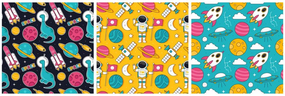 Seamless Pattern of Outer Space Exploration with Floating Rocket and Planet.. Stock Illustration