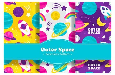 Seamless Pattern of Outer Space Exploration with Floating Rocket and Planet.. Stock Illustration