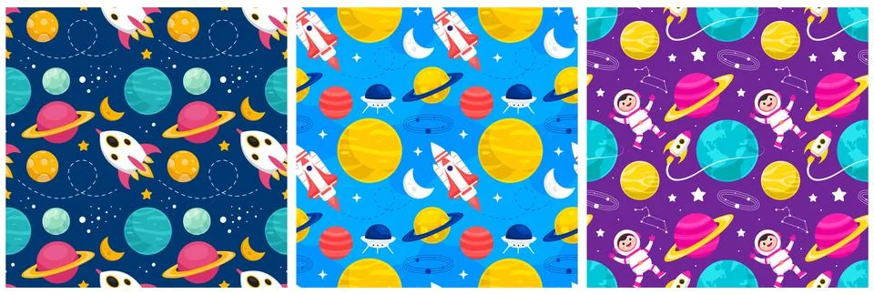 Seamless Pattern of Outer Space Exploration with Floating Rocket and Planet.. Illustrazione stock