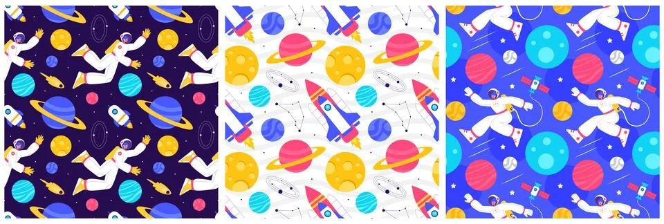 Seamless Pattern of Outer Space Exploration with Floating Rocket and Planet.. Illustrazione stock