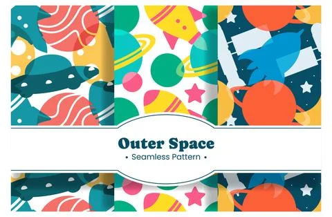 Seamless Pattern of Outer Space Exploration with Floating Rocket and Planet.. Illustrazione stock