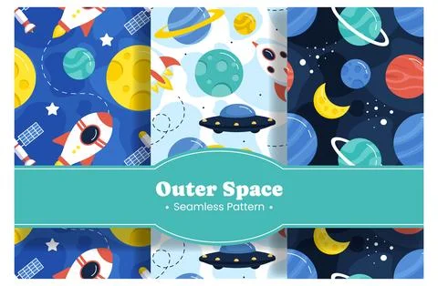 Seamless Pattern of Outer Space Exploration with Floating Rocket and Planet.. Stock Illustration