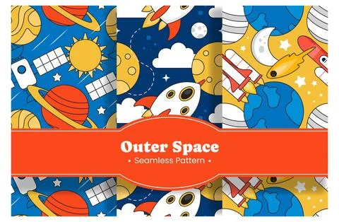 Seamless Pattern of Outer Space Exploration with Floating Rocket and Planet.. Stock Illustration