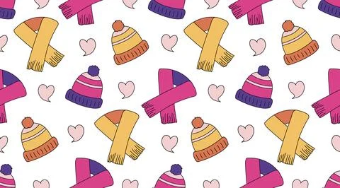 Seamless pattern of outerwear - hat and scarf. The shape of the heart, love Stock Illustration