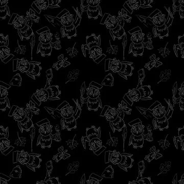 Seamless pattern outline 1 sketch illustration on school theme, bird owl hold 스톡 일러스트