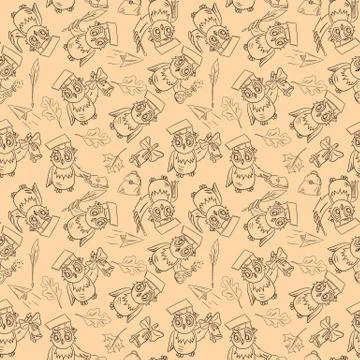 Seamless pattern outline 2 sketch illustration on school theme, bird owl hold Stock Illustration