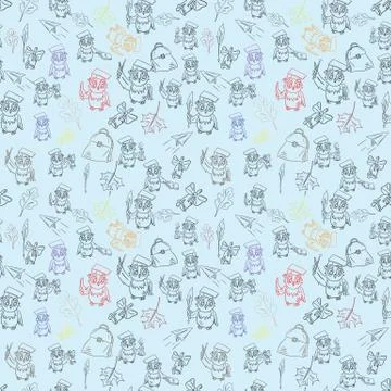 Seamless pattern outline 4 sketch illustration on school theme, bird owl hold Stock Illustration