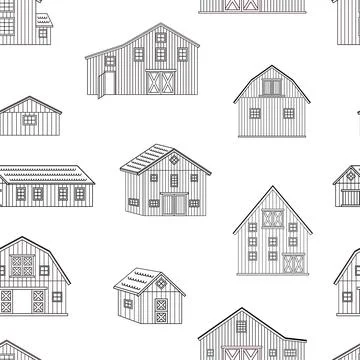 Seamless pattern of outline barns. Black white outline texture of wooden houses Stock Illustration