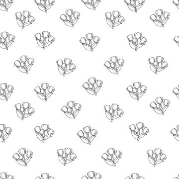 Seamless pattern with outline Bouquet flowers of tulips. Hand drawn doodle sp Stock Illustration