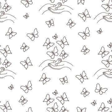 Seamless pattern. Outline butterflies fly out from palms of hands on white Stock Illustration