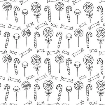 Seamless pattern with outline candy canes, sweets, lollipops. Hand drawn tast Illustrazione stock