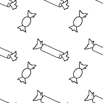 Seamless pattern of outline candy in wrappers in doodle style. Trick or treat Stock Illustration