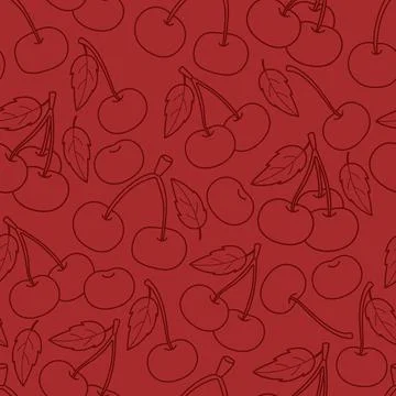 Seamless Pattern with Outline Cherries on Dark Red Background. Tone-on-Tone.. Stock Illustration