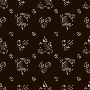 Seamless pattern with Outline cup of coffee and beans Illustrazione stock