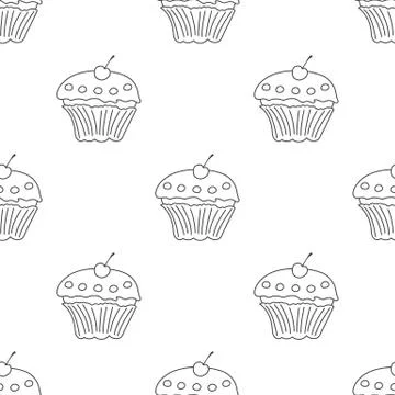 Seamless pattern with outline cupcake and cherry on white background. Vector. Stock Illustration